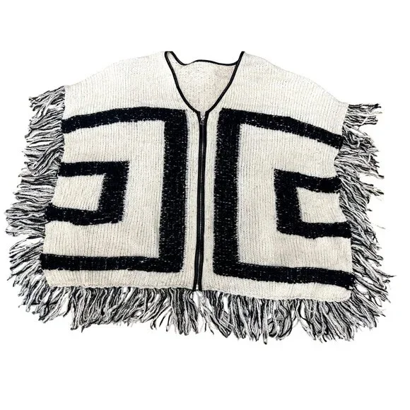 CCC Handcrafted Luxury Black White Poncho Geometric Design Fringe Knit Zip Up OS - Picture 5 of 9